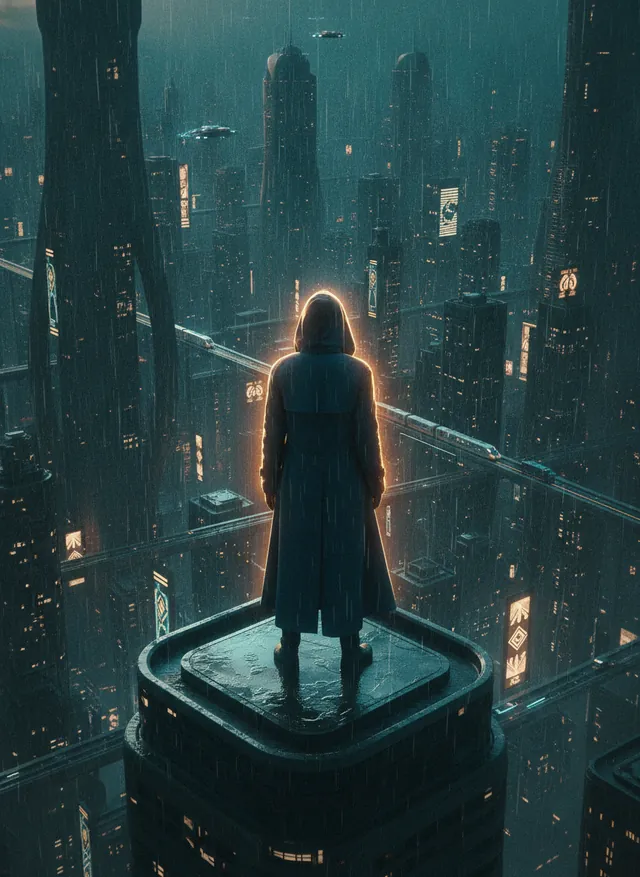 Still from an AI short film: a hooded figure on a rooftop above a rainy futuristic city