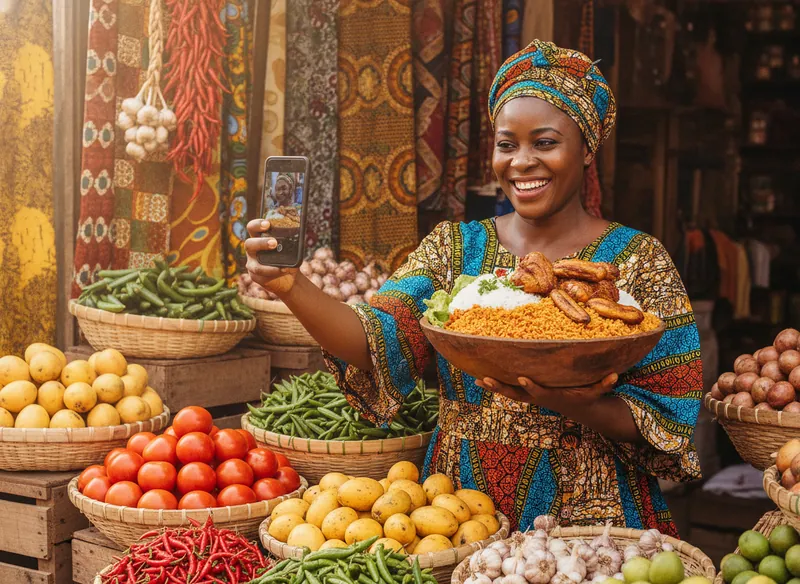 AI-generated photo: a market vendor filming a bowl of jollof rice and plantain for her status